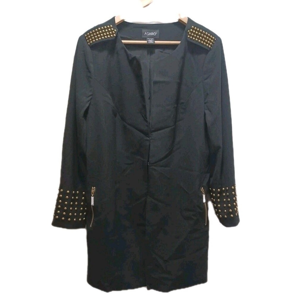 Ashro Women's Black Gold Studded Mid Leagth Embellished Jacket Size 16